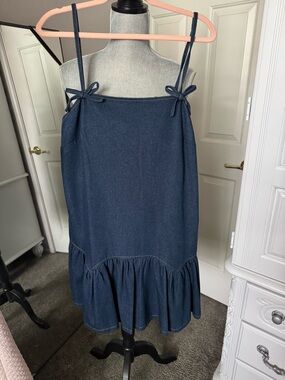 Avec Les Filles Dark Blue Denim Tie-Shoulder Ruffle Hem Mini Skirt